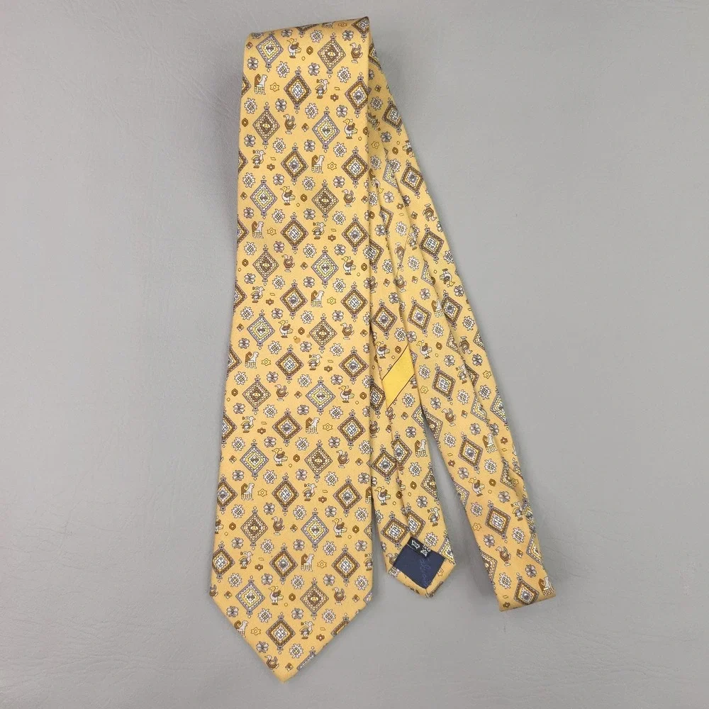 Salvatore Ferragamo Tie Mens Yellow Silk Geometric Animal Print Musei Vaticani